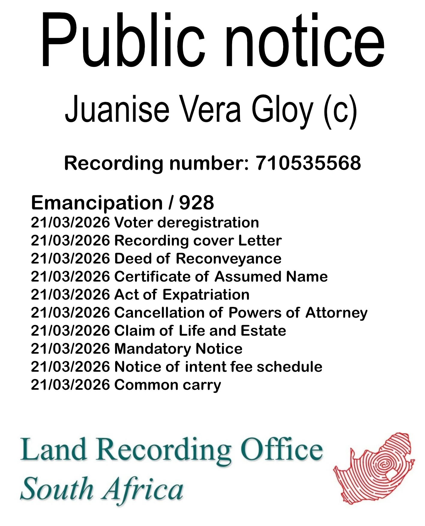 Public notice Juanise Vera Gloy (c) Recording number 710535568